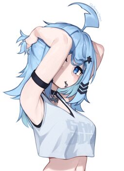1girl adversarial_noise aegis-link ahoge armband armpits arms_up artist_name bare_arms bare_shoulders black_choker blue_eyes blue_hair choker clothes_writing commentary cross cross_choker english_commentary from_side hair_ornament hair_tie_in_mouth hairclip highres long_hair looking_at_viewer looking_to_the_side midriff mouth_hold navel shirt simple_background sleeveless sleeveless_shirt solo triggerphish tying_hair upper_body virtual_youtuber white_background yoako