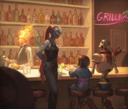 1girl 1other 2boys bar_(place) bartender black_tank_top blue_skin bottle child colored_skin cup drinking_glass eyepatch fins fire frisk_(undertale) glasses grillby head_fins highres monster_boy monster_girl multiple_boys nishiki_areku papyrus_(undertale) ponytail scarf sharp_teeth sitting skeleton stool sweater tank_top teeth undertale undyne utdr_(toby_fox)