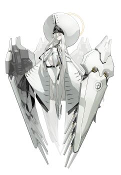 1girl absurdly_long_hair absurdres android blue_archive breast_cutout breasts colored_skin commentary_request devid_(devis515333) dress hair_over_one_eye halo hat highres long_hair malkuth_(blue_archive) mecha_musume small_breasts solo thighhighs very_long_hair white_dress white_hat white_skin white_thighhighs wide_sleeves yellow_eyes yellow_halo