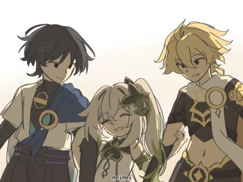 1girl 2boys aether_(genshin_impact) ahoge arm_armor armor artist_name backlighting bare_shoulders belt black_belt black_bow black_bridal_gauntlets black_eyes black_hair black_hakama black_pants black_shirt black_shorts black_tank_top blonde_hair blue_cape blue_gem blunt_ends blush bow braid bridal_gauntlets cape closed_eyes closed_mouth commentary cowboy_shot detached_sleeves dress english_commentary gem genshin_impact gold_trim gradient_hair green_gem green_hair green_sleeves hair_between_eyes hair_ornament hakama hakama_shorts han'eri hand_on_another's_arm hands_up heart heart_hair_ornament height_difference highres japanese_clothes jewelry leaf_hair_ornament long_hair looking_at_another looking_down low-braided_long_hair low-tied_long_hair mandarin_collar midriff missing_headwear multicolored_hair multiple_boys nahida_(genshin_impact) navel open_clothes open_mouth open_shirt pants parted_bangs pendant rope scaramouche_(genshin_impact) scarf shirt short_hair short_sleeves shorts shoulder_armor side_ponytail sidelocks simple_background single_braid sleeveless sleeveless_dress smile standing star_(symbol) tank_top two-tone_hair vision_(genshin_impact) wanderer_(genshin_impact) white_background white_dress white_hair white_scarf white_shirt x0_meimei_0x