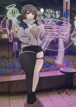 Rule 34 | 1girl, black hair, black leggings, black shoes, black shorts, blush, bob cut, breasts, brown eyes, brown scarf, grey jacket, gym shorts, hand in pocket, jacket, kooei, leggings, medium breasts, medium hair, original, outdoors, pantyhose, pantyhose under shorts, photo background, scarf, shoes, short shorts, shorts, single leg pantyhose, skindentation, solo, standing, sweat, thick thighs, thigh strap, thighs, v, wide hips