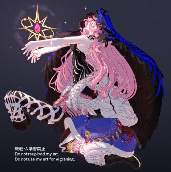 1girl absurdres bare_shoulders belt black_boots black_dress black_veil blue_veil boots breasts centauroid chimera claws closed_eyes closed_mouth coat commentary_request dress dual_persona from_side full_body goggles goggles_on_head grey_background highres hood hood_down hooded_coat knee_boots kneehighs knees_to_chest long_hair medium_breasts monster_girl nautika_(reverse:1999) outstretched_arms pants pink_hair plunging_neckline praying profile purple_coat rearing reverse:1999 rope sekikei sidelocks socks strapless strapless_dress taur trapper_hat two-tone_veil utility_belt veil very_long_hair watermark white_pants white_socks winter_clothes winter_coat