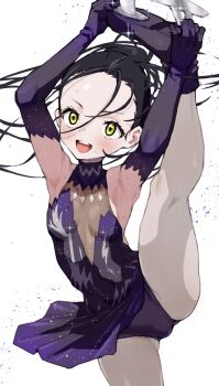 1girl armpits black_dress black_hair breasts dress figure_skating figure_skating_dress flexible highres kamisaki_hikaru long_hair medalist_(manga) mo_(boo1719501boo) open_mouth skates small_breasts solo split standing standing_on_one_leg standing_split sweat yellow_eyes