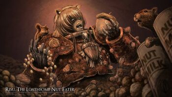 1girl acorn animal animal_ears animal_on_shoulder armor artist_name ayunda_risu baloolax bottle brown_hair cosplay crossover drooling dung_eater_(elden_ring) eating elden_ring english_text green_eyes hair_between_eyes hair_ornament hairclip hat highres holding_acorn hololive hololive_indonesia milk_bottle open_mouth saliva shaded_face simple_background solo squirrel squirrel_ears teeth upper_body virtual_youtuber