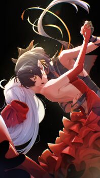 2girls backless_dress backless_outfit bare_shoulders biting black_background black_dress black_gloves black_hair bow breasts carlotta_(wuthering_waves) commentary_request dress earrings elbow_gloves female_rover_(wuthering_waves) gloves hair_bow hair_ribbon highres jewelry long_dress long_hair low_ponytail medium_breasts multiple_girls neck_biting official_alternate_costume open_mouth pink_bow pointy_ears ponytail red_dress red_gloves ribbon rover_(wuthering_waves) saliva saliva_trail starblame tacet_mark_(wuthering_waves) triangle_earrings white_hair wuthering_waves yellow_eyes yellow_ribbon yuri