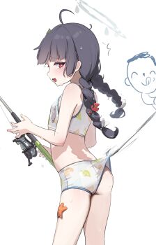 1girl accidental_exposure ahoge assisted_exposure bikini bikini_pull black_hair blue_archive blush braid chochomi clothes_pull doodle_sensei_(blue_archive) fishing fish_hook fishing_rod flat_chest halo highres holding holding_fishing_rod leaf leaf_on_head loli long_hair miyu_(blue_archive) miyu_(swimsuit)_(blue_archive) official_alternate_costume open_mouth print_bikini red_eyes sensei_(blue_archive) solo_focus swimsuit twin_braids wedgie white_bikini