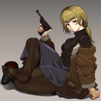 1girl absurdres black_shoes black_sweater blonde_hair bomber_jacket breasts brown_jacket brown_pantyhose closed_mouth commentary english_commentary fear_&amp;_hunger_(series) fear_&amp;_hunger_2:_termina feet finger_on_trigger from_side full_body gradient_background grey_background gun handgun highres holding holding_gun holding_weapon jacket karin_(fear_&amp;_hunger) large_breasts looking_at_viewer minami_no_uo-za no_shoes off_shoulder open_clothes open_jacket pantyhose ponytail purple_skirt shoes sitting skirt soles solo sweat sweater toes unworn_shoes weapon yellow_eyes