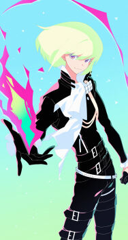 1boy absurdres androgynous ascot belt black_belt black_gloves black_jacket black_pants blonde_hair clenched_hand fire gloves hair_between_eyes half_gloves highres jacket lio_fotia looking_at_viewer male_focus multiple_belts onimoti pants pink_fire promare purple_eyes pyrokinesis short_hair simple_background solo thigh_belt thigh_strap white_ascot