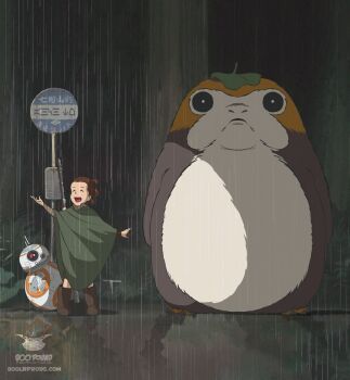 Rule 34 | 1girl, ^ ^, bb-8, brown hair, closed eyes, crossover, closed eyes, hair bun, happy, leaf, leaf on head, michael pasquale, porg, rain, rey (star wars), sign, staff, star wars, star wars: the last jedi, tonari no totoro, triple bun, watermark, web address