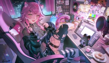 1girl animal_ears arms_up beret black_hair black_hat black_jacket black_shirt black_skirt black_thighhighs breasts cecilia_immergreen cellphone chair chattino_(raora_panthera) collar commentary computer_mouse cropped_shirt donut drawing_tablet elizabeth_rose_bloodflame english_commentary extra_ears fishnet_pantyhose fishnets food gaming_chair garter_straps gigi_murin hair_intakes hair_ornament hairclip hat highres hololive hololive_english indoors jacket knee_up lace_shirt large_breasts looking_at_viewer miniskirt monitor multicolored_hair navel o-ring o-ring_thigh_strap off_shoulder official_alternate_costume official_alternate_hairstyle panther_ears panther_girl panther_tail pantyhose parallel_hairclips phone pink_hair plaid_clothes plaid_skirt raora_panthera see-through_cleavage see-through_clothes shirt short_hair_with_long_locks sidelocks single_garter_strap sitting skirt smartphone solo spiked_collar spiked_hair spikes streaked_hair striped_clothes striped_jacket striped_thighhighs stuffed_toy swivel_chair tail thigh_strap thighhighs thighhighs_over_pantyhose torn_clothes torn_thighhighs virtual_youtuber white_hair x_hair_ornament xiisalt yellow_eyes