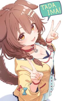 Rule 34 | 1girl, :d, animal collar, animal ears, bone hair ornament, braid, breasts, brown eyes, brown hair, brown tail, cleavage, collar, dog ears, dog girl, dog tail, double-parted bangs, double v, dress, fang, hair between eyes, hair ornament, hairclip, hands up, highres, hololive, inugami korone, inugami korone (1st costume), jacket, large breasts, long hair, looking at viewer, low twin braids, open mouth, red collar, ryuga (balius), short dress, simple background, skin fang, smile, solo, speech bubble, tail, twin braids, v, virtual youtuber, white background, white dress, yellow jacket