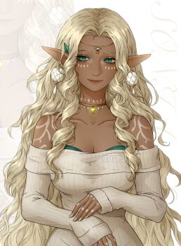 Rule 34 | 1girl, absurdres, artelsia, bare shoulders, blonde hair, breasts, brown dress, cleavage, closed mouth, collarbone, commentary, dark-skinned female, dark skin, dress, earrings, elf, english commentary, fingernails, green eyes, hands up, highres, jewelry, light smile, long hair, long sleeves, looking at viewer, magatama, magatama necklace, necklace, nintendo, off-shoulder dress, off shoulder, pointy ears, secret stone, sonia (zelda), the legend of zelda, the legend of zelda: tears of the kingdom, very long hair, zoom layer