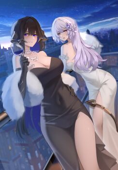 Rule 34 | 2girls, absurdres, against railing, bare shoulders, black dress, black gloves, black hair, black horns, black swan (honkai: star rail), black swan (recollection) (honkai: star rail), breasts, city lights, cityscape, cleavage, commentary, covered navel, crystal hair ornament, cup, demon girl, demon horns, demon tail, dress, drinking glass, elbow gloves, english commentary, faizfs, feather boa, feet out of frame, gloves, hair between eyes, hand on own hip, highres, holding, holding cup, honkai: star rail, honkai (series), horns, jewelry, long hair, looking at viewer, looking back, mole, mole under eye, multicolored eyes, multiple girls, necklace, official alternate costume, pantylines, parted lips, pearl necklace, purple eyes, purple hair, railing, sky, smile, star (sky), starry sky, strapless, strapless dress, tail, the dahlia (honkai: star rail), the dahlia (recollection) (honkai: star rail), two-tone eyes, white dress, white gloves, wine glass, yellow eyes