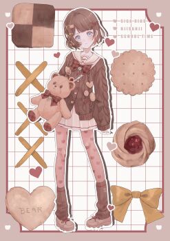 1girl absurdres bag bear_earrings bear_hair_ornament blue_eyes blunt_bangs border bow bowtie brown_border brown_hair brown_leg_warmers brown_ribbon brown_shoes cable_knit cardigan character_name checkered_background closed_mouth commentary cookie copyright_name earrings food full_body hair_ornament hair_ribbon heart heart_hair_ornament highres jewelry leg_warmers long_sleeves looking_at_viewer miniskirt mole mole_under_mouth nijisanji official_alternate_costume outline outside_border pantyhose partially_unbuttoned pigeon-toed pillow pleated_skirt ribbon sailor_collar sanou shiga_riko shoes short_hair shoulder_bag skirt sleeves_past_wrists sneakers solo standing stuffed_animal stuffed_toy symbol-only_commentary teddy_bear text_hair_ornament virtual_youtuber white_background white_outline white_sailor_collar white_skirt yellow_bow yellow_bowtie