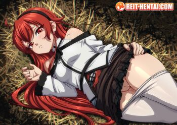 1girl blush breasts clothes_pull come_hither eris_greyrat flustered hand_on_own_hip highres in_heat legs long_hair looking_at_viewer lying medium_breasts mushoku_tensei on_side pantyhose pantyhose_pull pussy pussy_juice red_eyes red_hair reit solo thick_thighs thighhighs thighs uncensored white_thighhighs
