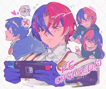 1girl 2boys blue_eyes blue_hair breasts can colgate commentary drink_can english_commentary female_alear_(fire_emblem) fire_emblem fire_emblem_engage heterochromia jeqrow jewelry male_alear_(fire_emblem) marth_(fire_emblem) medium_breasts multicolored_hair multiple_boys nintendo nintendo_switch pepsi red_eyes red_hair ring soda soda_can speech_bubble toothpaste two-tone_hair