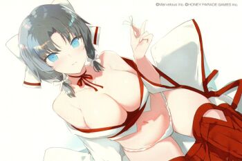 1girl 2025 blue_eyes blush bow breasts cleavage closed_mouth color_halftone commentary copyright_name fundoshi grey_hair hair_bow hakama hakama_skirt happy_new_year highres japanese_clothes kimono large_breasts looking_at_viewer low_neckline marvelous navel neck_ribbon new_year non-web_source nontraditional_miko official_alternate_hairstyle official_art red_hakama red_ribbon ribbon scan senran_kagura short_twintails skirt smile socks striped_bow twintails unworn_clothes white_bow white_kimono yaegashi_nan yumi_(senran_kagura)