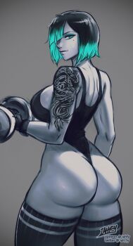 1girl arm_tattoo artist_name ass commentary dumbbell gloves green_eyes green_hair hair_over_one_eye highres holding holding_dumbbell iahfy jade_(iahfy) leotard limited_palette looking_at_viewer mole mole_under_eye original patreon_username short_hair solo tattoo thighhighs twitter_username watermark