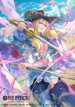 1boy bisaiiiii blonde_hair blue_eyes cavendish_(one_piece) coat coat_on_shoulders commentary_request copyright_name drill_hair dutch_angle flower glint hat_feather holding holding_sword holding_weapon male_focus official_art one_piece one_piece_card_game outdoors pants pink_petals red_flower red_rose rose shirt smile solo sword weapon white_shirt