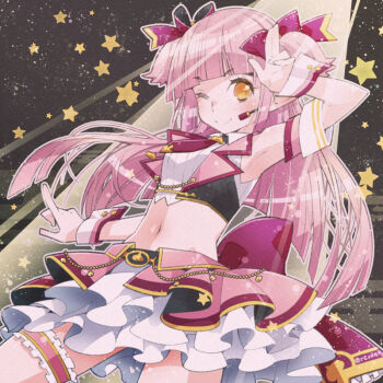 Rule 34 | 1girl, alternate costume, armlet, asahi (dq10), belt, blunt bangs, blunt ends, bow, breasts, colored skin, commentary request, cowboy shot, cropped, cropped shirt, dragon quest, dragon quest x, fairy wings, frilled garter belt, frilled skirt, frills, garter belt, gold trim, hair bow, idol, idol clothes, index finger raised, jewelry, long hair, midriff, multicolored skirt, navel, necktie, one eye closed, pink bow, pink garter belt, pink hair, pink necktie, pink skin, pink skirt, pink theme, pink trim, pointy ears, salute, shirt, short twintails, skirt, sleeveless, sleeveless shirt, small breasts, solo, spotlight, star (symbol), twintails, two-finger salute, utsubushi satsuki, white skirt, wings, wireless microphone, wrist cuffs, yellow eyes