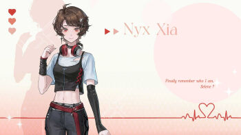 1girl belt belt_collar black_nails black_pants brown_hair cardiogram character_name closed_mouth collar commentary cowboy_shot drop_shadow earrings english_commentary english_text fingernails hair_ornament hairclip headphones headphones_around_neck heart highres jewelry looking_at_viewer love_curse:_find_your_soulmate midriff navel official_art pale_skin pants red_belt red_eyes single_earring smile solo torn_clothes triangle