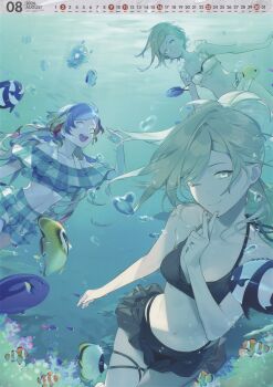 3girls absurdres akira_(kadokawa) august bikini bikini_skirt black_bikini blonde_hair breasts calendar_(medium) clownfish commandant_teste_(kancolle) fish fish_request freediving highres incredibly_absurdres jean_bart_(kancolle) kantai_collection long_hair looking_at_viewer medium_breasts multicolored_hair multiple_girls one_eye_closed richelieu_(kancolle) ruffle_bikini short_hair streaked_hair swimsuit underwater white_bikini