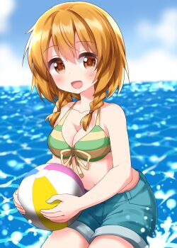 1girl :d ball beachball bikini blue_shorts blurry blurry_background blush braid collarbone commentary_request day front-tie_bikini_top front-tie_top green_bikini highres holding holding_ball looking_at_viewer medium_hair natsuki_hinata navel ocean open_mouth orange_eyes orange_hair outdoors ruu_(tksymkw) shorts sitting smile solo striped_bikini striped_clothes swimsuit tonari_no_kyuuketsuki-san twin_braids water yellow_bikini