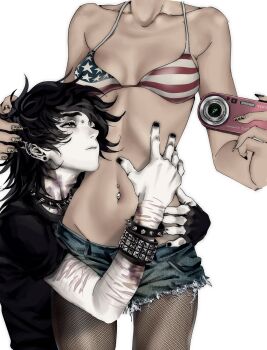 1boy 1girl absurdres american_flag american_flag_print bikini bikini_top_only black_hair black_shirt bracelet breasts bruise camera collar commentary denim denim_shorts digital_camera emo_fashion english_commentary fishnet_pantyhose fishnets flag_print hand_on_another's_waist head_out_of_frame highres holding holding_camera injury jewelry kidutuskone navel_piercing original pale_skin pantyhose piercing redrawn self-harm_scar shirt short_hair short_sleeves shorts simple_background skinny sony spiked_bracelet spiked_collar spikes studded_bracelet swimsuit tan white_background