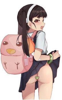 1girl anal anal_object_insertion ass backpack bag black_hair butt_plug clothes_lift fang hachikuji_mayoi hairband highres lifting_own_clothes loli looking_at_viewer looking_back meemz_a monogatari_(series) no_panties object_insertion open_mouth sex_toy simple_background skirt skirt_lift solo suspender_skirt suspenders twintails white_background white_hairband