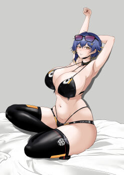 1girl absurdres armpits arms_up bare_shoulders bed_sheet bikini black_bikini black_collar black_thighhighs blonde_hair blue_hair breasts cleavage closed_mouth collar collarbone colored_tips commentary drop_shadow eyewear_on_head full_body grey_background hair_between_eyes hair_ornament hairclip highres huge_breasts indian_style last_origin looking_at_viewer multicolored_hair navel shadow short_hair sidelocks sitting skindentation solo ssc_(lanol) sterling_(last_origin) stomach stretching sunglasses swimsuit thighhighs two-tone_hair yellow_eyes