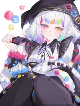 Rule 34 | 1girl, absurdres, beret, black jacket, black pantyhose, blunt bangs, bow, collared shirt, commentary request, hand up, hat, heterochromia, highres, jacket, jogasaki noah, knees up, long hair, long sleeves, looking at viewer, mahou shoujo no majo saiban, mitarashi umemaru, multi-tied hair, multicolored hair, neck ribbon, paintbrush, pantyhose, pink eyes, polka dot, polka dot bow, ribbon, shirt, simple background, sitting, solo, streaked hair, white background, white hair, white shirt, yellow eyes