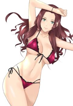 1girl armpits bad_id bad_twitter_id bikini blush bra breasts brown_hair cleavage cowboy_shot dorothea_arnault dorothea_arnault_(timeskip) earrings female_focus fire_emblem fire_emblem:_three_houses front-tie_bikini_top front-tie_top green_eyes highleg highleg_bikini j@ck jewelry lace lace-trimmed_bikini lace_trim large_breasts long_hair looking_at_viewer multi-strapped_bikini navel nintendo panties side-tie_bikini_bottom simple_background skindentation smile solo solo_focus stomach string_bikini swimsuit underboob underwear white_background