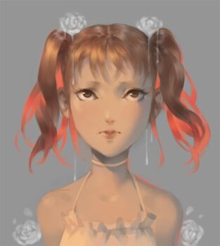 1girl brown_eyes brown_hair choker choppy_bangs closed_mouth commentary dress english_commentary facing_viewer flower grey_background hair_flower hair_ornament lips looking_up lydialing_draws nose original realistic short_hair simple_background sketch solo two_side_up upper_body white_choker white_dress