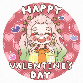 Rule 34 | 1girl, blush stickers, chibi, chibi only, closed eyes, daki (kimetsu no yaiba), eyelashes, gift, gradient hair, green hair, happy, happy valentine, heart, holding, holding gift, hozumiaka, kimetsu no yaiba, long hair, lowres, multicolored hair, open mouth, pink hair, round image, solo, sparkle, teeth, thick eyebrows, upper teeth only