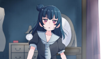 1girl black_shirt blue_hair blurry blurry_background blush breasts collarbone commentary cream_(nipakupa) d: dark_blue_hair desk_lamp grey_neckerchief grey_sailor_collar hair_bun highres indoors jitome lamp long_hair looking_at_viewer love_live! love_live!_sunshine!! mannequin medium_breasts mirror neckerchief open_mouth pink_eyes puffy_short_sleeves puffy_sleeves sailor_collar sailor_shirt shirt short_sleeves single_side_bun solo tsushima_yoshiko upper_body v-shaped_eyebrows