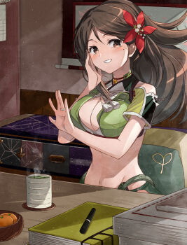 1girl \||/ amagi_(kancolle) amagi_kai_(kancolle) bell blush breasts brown_eyes brown_hair cleavage cleavage_cutout clothing_cutout commission cup desk flower food fruit green_tea grin hair_flower hair_ornament hand_on_own_cheek hand_on_own_face highres jewelry jingle_bell kanmiya_shinobu kantai_collection large_breasts long_hair looking_at_viewer mandarin_orange mole mole_under_eye mug navel neck_bell paper_stack ring short_sleeves shoulder_cutout sitting skeb_commission smile solo steam tassel tea wedding_ring yunomi