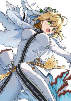 Rule 34 | 1girl, blonde hair, bodysuit, breasts, commentary, cowboy shot, fate/extra, fate/extra ccc, fate (series), green eyes, hair intakes, highres, nero claudius (bride) (fate), nero claudius (fate), simple background, skirt, solo, syst098, white background, white bodysuit, white skirt