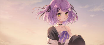 Rule 34 | 1girl, absurdres, backlighting, black cardigan, black choker, black ribbon, cardigan, chemise, choker, collarbone, floating hair, ghost hair ornament, hair ornament, hair ribbon, hairpin, highres, medium hair, parted bangs, parted lips, portrait, purple hair, purple ribbon, ribbon, sasamisable, shinomiya runa, shinomiya runa (1st costume), sideways glance, single bare shoulder, single off shoulder, solo, two side up, virtual youtuber, vspo!, white chemise, x hair ornament, yellow eyes