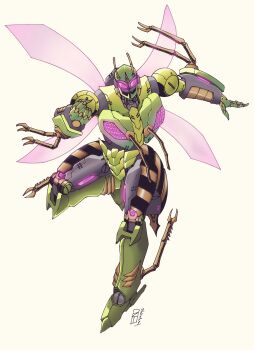 1boy 2021 absurdres antennae beast_wars beast_wars:_transformers beige_background clenched_hand commentary english_commentary glowing glowing_eyes highres insect_wings lextodrawstuff looking_at_viewer mecha open_hand predacon purple_eyes robot solo transformers waspinator wings