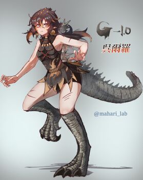 Rule 34 | 1girl, absurdres, animal feet, animal legs, artist name, brown hair, character name, copyright name, cosplay, dinosaur feet, dinosaur girl, dinosaur legs, dinosaur tail, genderswap, genderswap (mtf), godzilla, godzilla (cosplay), godzilla (series), godzilla minus one, highres, japanese clothes, japanese text, kaiju, long hair, mahari lab, monster girl, multicolored hair, one-piece swimsuit, orange hair, personification, pointy ears, scar, scar on arm, scar on leg, scar on shoulder, scar on thighs, shadow, simple background, slit pupils, spikes, streaked hair, swimsuit, tail, toho, two-tone hair, variant set