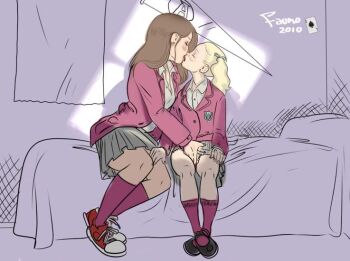 10s 2010 2girls age_difference america bad_tag bed bedroom blazer blonde_hair blush breasts brown_hair closed_eyes couple dress_shirt facing_another fauno_artifex female fingering flat_chest forehead french_kiss full_body grey_skirt jacket kiss kneehighs large_breasts loli long_hair mary_janes multiple_girls no_bangs on_bed onee-loli original panties pleated_skirt ponytail preteen school_uniform shirt shoes side_ponytail sitting sitting_on_bed skirt sneakers socks touching_pussy underwear upskirt window_shade yuri