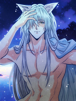 1boy animal_ears bush00warbler closed_mouth fox_ears hand_on_own_face highres kurama_(yu_yu_hakusho) long_hair male_focus one_eye_covered solo toned toned_male topless_male upper_body wet white_hair youko_kurama yuu_yuu_hakusho