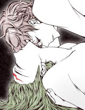 1boy 1girl brown_hair c.c. closed_eyes code_geass couple green_hair head_back highres implied_sex kururugi_suzaku long_hair lying on_back short_hair urinxychjzzwlof