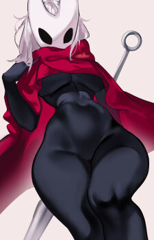 1girl absurdres black_bodysuit bodysuit breasts highres holding holding_behind_back holding_weapon_behind_back hollow_knight hollow_knight:_silksong hornet_(hollow_knight) large_breasts looking_at_viewer mask red_scarf scarf solo suliavtuber underboob white_background white_hair white_mask