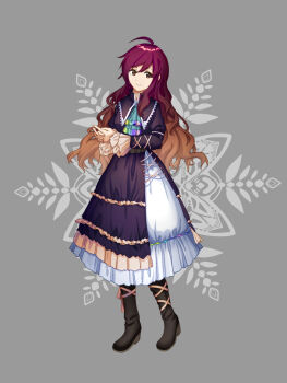 1girl ahoge alternate_costume ascot black_boots black_dress blonde_hair boots closed_mouth clothing_request collared_dress dress floral_background furahata_gen grey_background highres hijiri_byakuren lolita_fashion long_dress long_hair long_sleeves looking_at_viewer multicolored_ascot multicolored_hair own_hands_together purple_hair smile solo standing swept_bangs tagme touhou white_dress