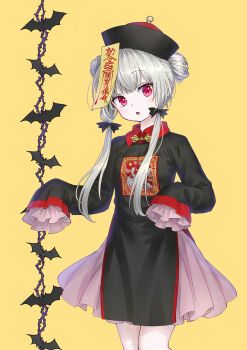 1girl :o absurdres ama-tou black_dress black_hat black_ribbon breasts brown_background collared_dress commentary_request double_bun dress grey_hair hair_bun hair_ribbon hat highres jiangshi_costume long_hair long_sleeves parted_lips pleated_dress qingdai_guanmao red_eyes ribbon simple_background sleeves_past_fingers sleeves_past_wrists small_breasts solo sophie_twilight tonari_no_kyuuketsuki-san