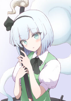 1girl :o absurdres aqua_eyes black_bow black_bowtie black_hairband blunt_ends blush bow bowtie commentary green_vest grey_hair hairband head_tilt highres hitodama holding holding_sword holding_weapon katana konpaku_youmu konpaku_youmu_(ghost) looking_ahead puffy_short_sleeves puffy_sleeves sheath sheathed shirt short_hair short_sleeves solo sword takunama touhou upper_body vest weapon white_shirt