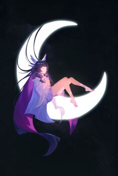 1girl absurdly_long_hair barefoot black_hair closed_eyes colored_inner_hair columbina_(genshin_impact) commentary crescent_moon dress english_commentary eye_mask full_body genshin_impact hair_ribbon head_wings highres long_hair making-of_available mask moon multicolored_hair on_crescent own_hands_together purple_hair ribbon solo strawbunyy thigh_strap two-tone_hair very_long_hair white_dress white_ribbon white_wings wings