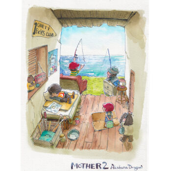 5boys abandoned akahanadragon baseball_bat baseball_cap baseball_helmet bed black_hair black_hat black_jacket black_pants blue_pants blue_sky book bottle bowler_hat brown_bag brown_pants brown_shirt bucket bucket_of_water can chest_of_drawers commentary couch door drawer drink_can fedora fishing fishing_line fishing_rod from_behind full_body grass grey_hat grey_shirt hacksaw hat helmet highres holding holding_bucket holding_fishing_rod horizon house indoors jacket kerosene_lamp lantern lying mother_(series) mother_2 multiple_boys ness_(mother_2) nintendo ocean on_bed on_couch on_stomach open_mouth painting_(medium) pants poster_(object) radio radio_antenna red_hat saw shirt short_hair sitting sky sleeping soda_can standing stool striped_clothes striped_shirt traditional_media walking watercolor_(medium) window wooden_floor