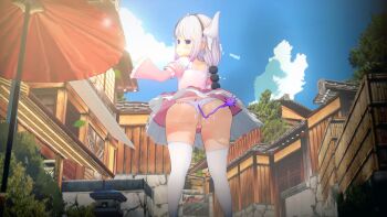 1girl 3d absurdres ass beads blue_eyes blue_sky blunt_bangs bow building clothing_aside cloud cloudy_sky cum cum_on_ass cum_on_body cum_on_lower_body day dragon_girl dragon_horns dragon_tail female_focus from_behind from_below hair_beads hair_bow hair_ornament highres horns huge_ass kanna_kamui kobayashi-san_chi_no_maidragon loli looking_at_viewer looking_back looking_down open_mouth outdoors panties panties_aside pussy sky sodevs solo standing tail thighhighs uncensored underwear upskirt v white_thighhighs